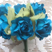 12 Peacock Blue Paper Open Rose Flowers